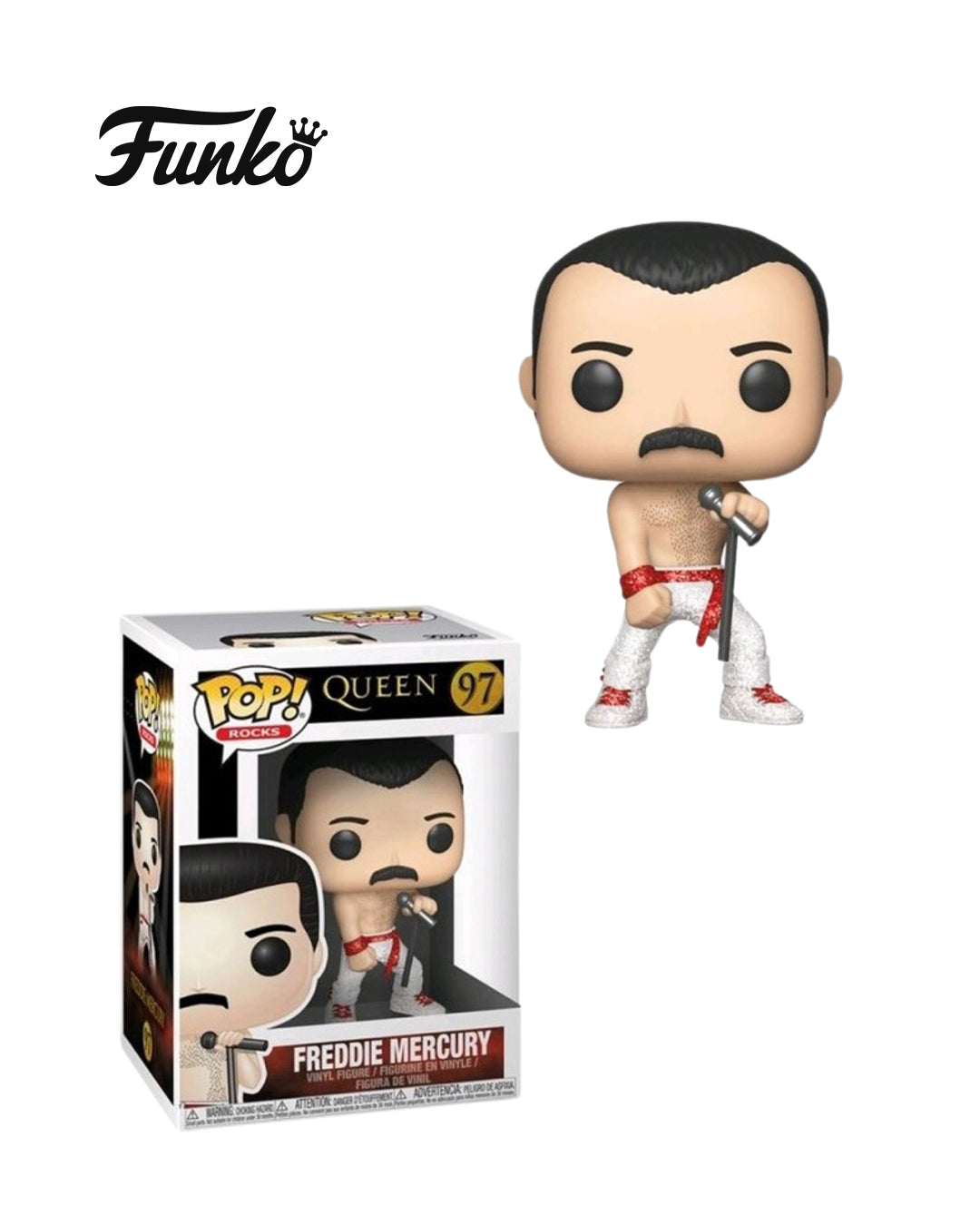 Figura Funko Pop Queen Freddie Mercury 97 – diseño detallado del legendario cantante de Queen, perfecto para coleccionistas de música; disponible en figuraschile.com